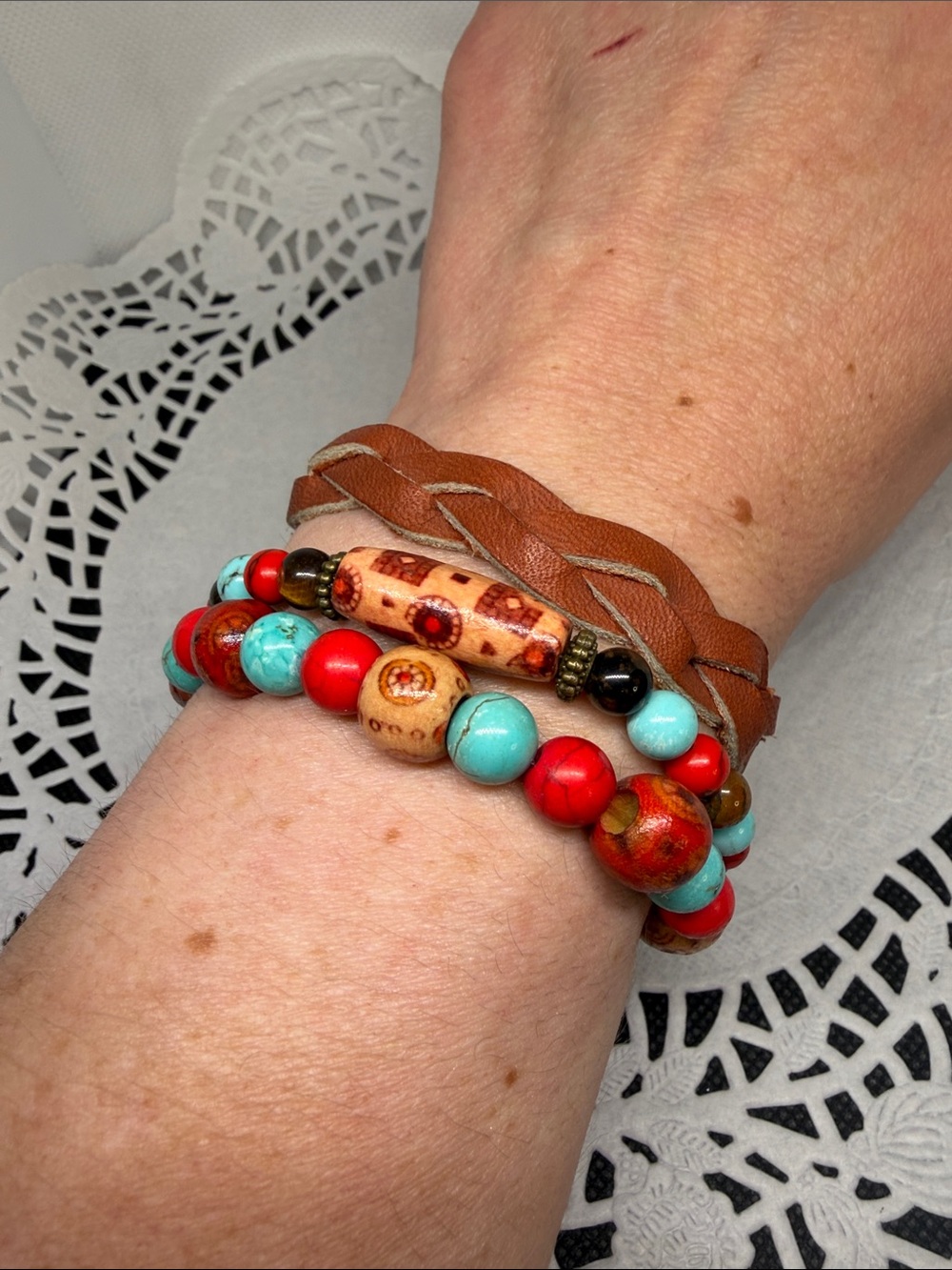 Desert Market Bracelet Trio | Real Leather, Natural Wood & Turquoise Howlite
